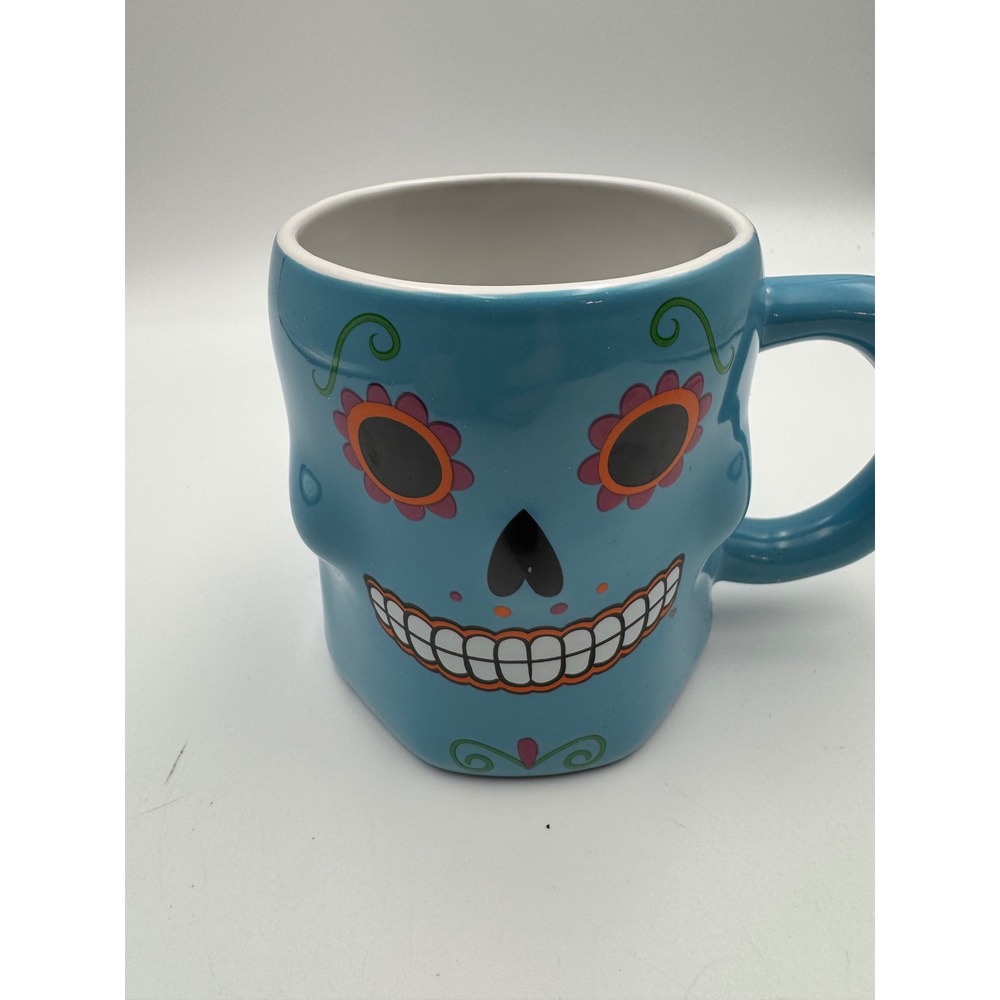 Blue Sugar Skull Ceramic Coffee Mug‎ Day of the Dead Calavera Tea Cup Halloween